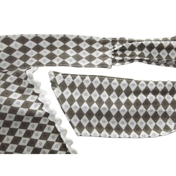 Vintage Apron Brown White Geometric Diamond Print rick rack trim pockets tie bac - Picture 7 of 11